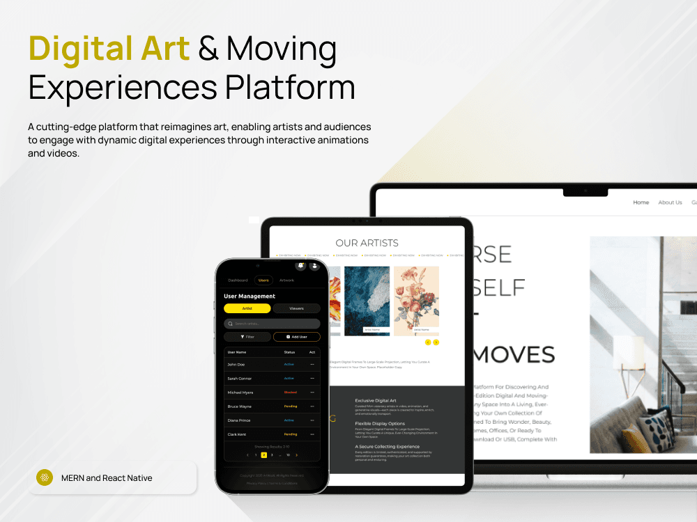 Digital Art & Moving Experiences Platform product screens